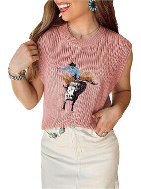 Women's Pink Ribbed Knit Cap Sleeve Western Cowboy Embroidered Sweater Tank Top